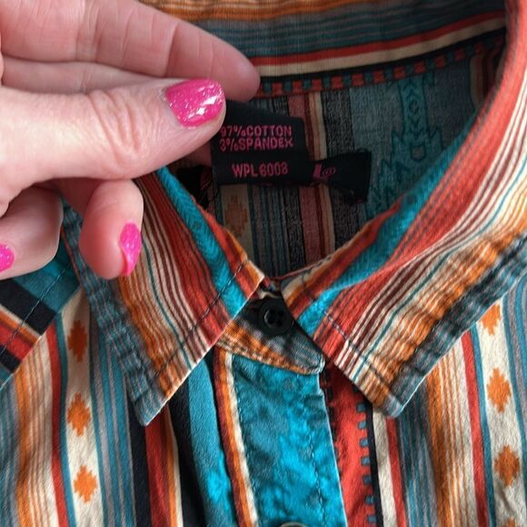 Rock & Roll Cowgirl Orange Striped Western Long Sleeved Button Down Shirt - Picture 6 of 6